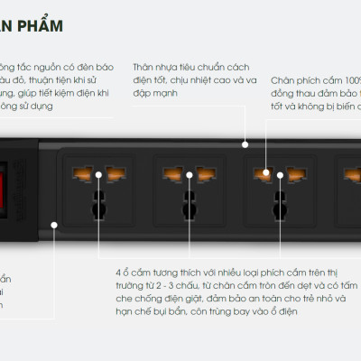 Ổ cắm Rạng Đông OC02 4C/5M/10A đa năng, chống giật công suất 2500W dây dài 5 mét - Hàng chính hãng