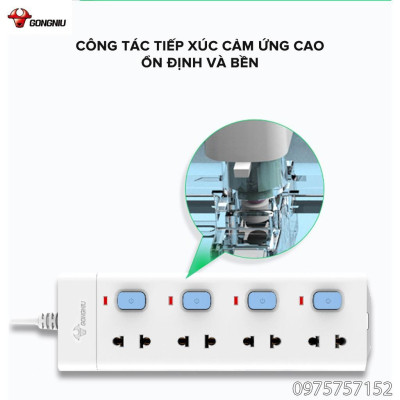 Ổ cắm điện đa năng cao cấp GONGNIU, ổ cắm điện 4 ổ cắm 4 công tắc có dây 3m, bảo hành chính hãng 3 năm 1 đổi 1