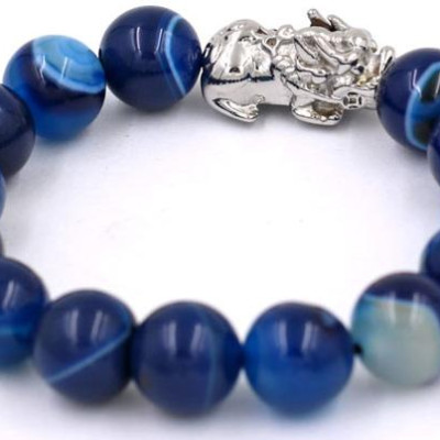 Chuỗi đeo tay thạch anh xanh dương sọc 12 ly - cẩn Tỳ Hưu inox VTAXDSTHT12 - kèm hộp nhung - hợp mệnh Mộc, mệnh Thủy