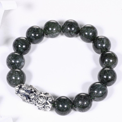 Vòng tay đá thạch anh tóc xanh mix tỳ hưu bạc hạt đá 14mm mệnh hỏa, mộc - Ngọc Quý Gemstones