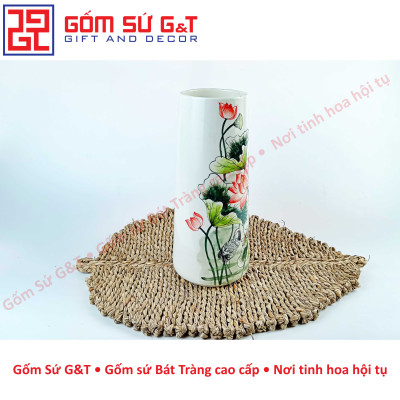Lọ hoa dáng ống vẽ sen hạc Gốm Sứ G&T