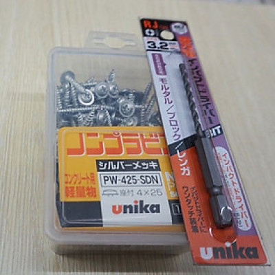 Combo Vít bê tông 4mm đầu nón vành PW425 & Mũi khoan tường 3.2mm đuôi lục giác Unika (không cần dùng tắc kê nhựa)