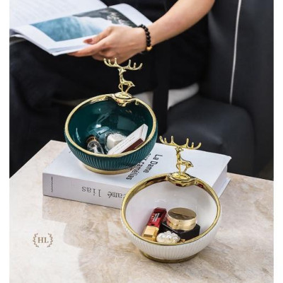 Bát Sứ Đựng Kẹo Phụ Kiện Decor 2022 | Âu Sứ Decor Kẻ Vàng Kim Vân Nổi Hình Hươu Mạ Vàng ( Hàng Có Sẵn )