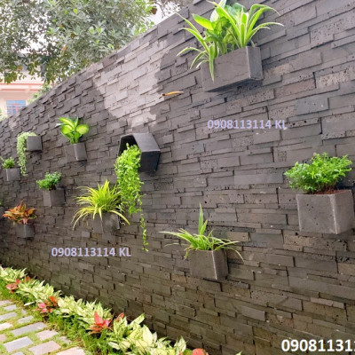 Chậu treo tường, treo tường trồng hoa hình vuông 15x15x15cm bằng đá ong xám tự nhiên trồng cây ngoài trời không hư không nứt tét, Chậu đá tự nhiên, chậu hoa đá ong xám