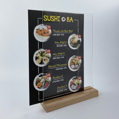 Kệ mica 2 mặt Enter E41 210x300mm đế gỗ A4 đứng, Kệ menu nhà hàng, Standee mica để bàn, Bảng quét mã QR Code