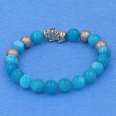 Chuỗi đeo tay ngọc tủy xanh biển 8 ly - cẩn Tỳ Hưu inox bạc VNTXBTHTB8 - hợp mệnh Mộc, mệnh Thủy