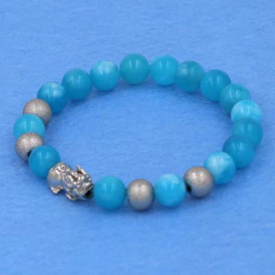 Chuỗi đeo tay ngọc tủy xanh biển 8 ly - cẩn Tỳ Hưu inox bạc VNTXBTHTB8 - hợp mệnh Mộc, mệnh Thủy