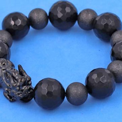 Chuỗi tay Thạch Anh Đen Cắt Giác 16 ly phối 6 bi charm Tỳ Hưu Inox - hợp mệnh Mộc, mệnh Thủy - Chuỗi size XXL