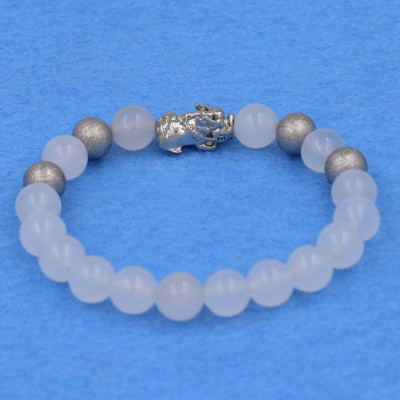 Chuỗi đeo tay thạch anh trắng 8 ly - cẩn Tỳ Hưu inox bạc VTATTHTB8 + hộp nhung - hợp mệnh Kim, mệnh Thủy