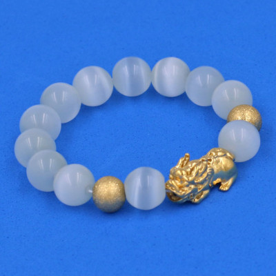 Vòng tay Đá Mắt Mèo Trắng 12 ly - cẩn Tỳ Hưu Phong Thủy inox vàng VMETTHHBV12 - hợp mệnh Kim, mệnh Thủy