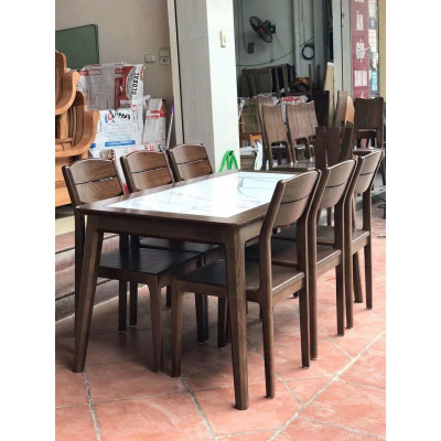 Bàn ăn mặt đá 6 ghế chân choãi gỗ sồi nga