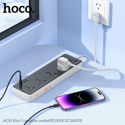 Ổ cắm điện cao cấp đa năng công suất cao 2500W, với 3 cổng USB và 1 cổng Type-c, 5 ổ cắm tiện lợi hỗ trợ sạc nhanh chống cháy, nổ AC14 - Hàng nhập khẩu (màu ngẫu nhiên)