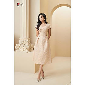 Đầm xòe gấm hoa hồng nude ngực vặn xoắn Tri