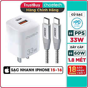 Combo Củ Sạc Điện Thoại Type C 33W PPS PD3.0 CHOETECH PD5006-W Và Cáp Type C to C 60W Dài 1.8M CC0005-S - Hàng Chính Hãng