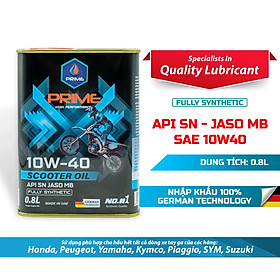 Dầu Nhớt Xe Tay Ga PRIME 800ml Tổng Hợp Toàn Phần SAE 10W40, API SN, JASO MB, Nhập Khẩu Chính Hãng Cho AB 125, Lead, Click