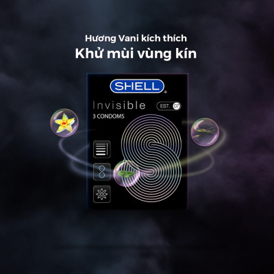 Bao cao su Shell Invisible siêu mỏng, chống tuột, kéo dài thời gian - Hộp 3 cái | SHELL CHÍNH HÃNG