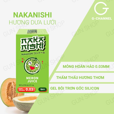 [Hộp 4 cái] Bao cao su Nakanishi - Siêu mỏng 0.03mm - Hương dưa lưới
