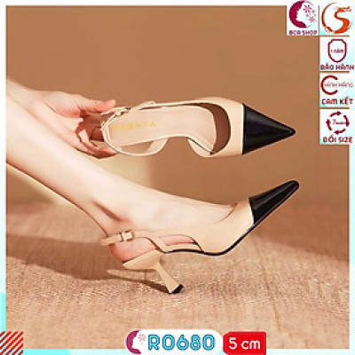 Giày Cao Gót Nữ Slingback 5cm RO680 ROSATA tại BCASHOP Mũi Nhọn Phối Màu, Tinh Tế Và Hiện Đại, Thời Trang Và Đẳng Cấp