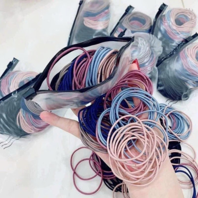 Set 100 dây chun buộc tóc trơn nhiều màu co giãn tốt đựng trong túi zip tiện lợi, có thể tái sử dụng Nhung Voi Nữ