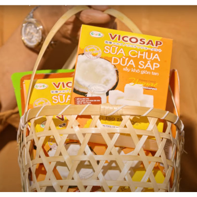 Sữa chua sấy thăng hoa VICOSAP làm từ dừa sáp it đường đồ ăn vặt healthy đặc sản Trà Vinh