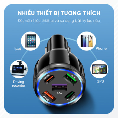 Tẩu Sạc Điện Thoại 5 Cổng USB Type C Trên Xe Ô Tô | Tẩu Sạc Điện Thoại 5 Cổng Sạc USB Type C Công Nghệ Sạc Nhanh Quick Charge 3.0, Chất Liệu Cao Cấp Chống Rơi Vỡ