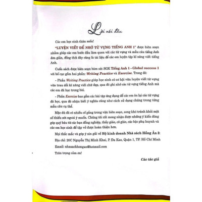 Luyện Viết Để Nhớ Từ Vựng Tiếng Anh Lớp 1 (Bám Sát SGK Global Success 1) (HA)