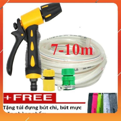 Bộ dây vòi xịt nước rửa xe, tưới cây , tăng áp 3 lần, loại 7m, 10m 206319 cút sập,nối nhựa v + túi đựng bút 