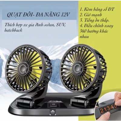 Quạt ô tô đơn và đôi xoay 360 gió mạnh kèm biển để số điện thoại dành cho xe hơi, quạt 5v/12v/24v