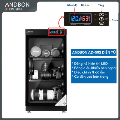 Tủ chống ẩm máy ảnh 50 Lít ANDBON AD-50S , 3 ngăn chống xước, cài đặt được % độ ẩm - Hàng chính hãng