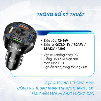 Tẩu Sạc Nhanh Thông Minh Quick Charge 3.0 | Tẩu Sạc Nhanh Thông Minh 4 Cổng USB Công Nghệ Sạc Nhanh Quick Charge 3.0, Tương Thích Nhiều Thiết Bị, Ổn Định Dòng Sạc