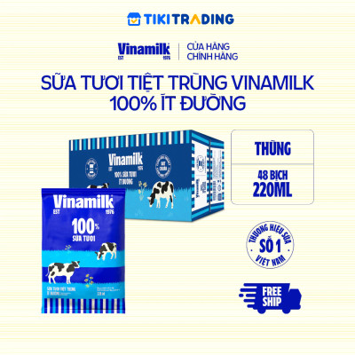 Thùng 48 bịch Sữa tươi tiệt trùng ít đường Vinamilk 100% Sữa tươi 220ml