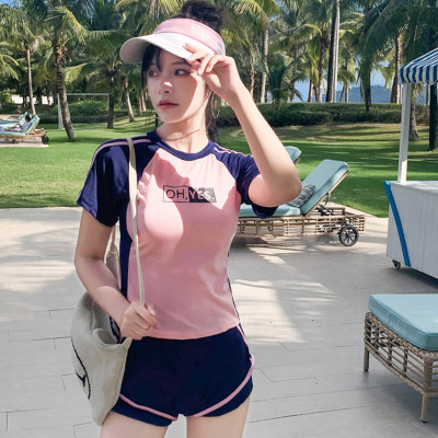 Bộ đồ bơi bikini nữ hai mảnh kín đáo đi tắm biển giấu bụng áo cộc tay kèm váy liền quần - B22