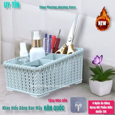 Khay đựng mỹ phẩm cao cấp nhiều ngăn kiểu dáng mây đan HÀN QUỐC ( Tặng vỉ dán tường )