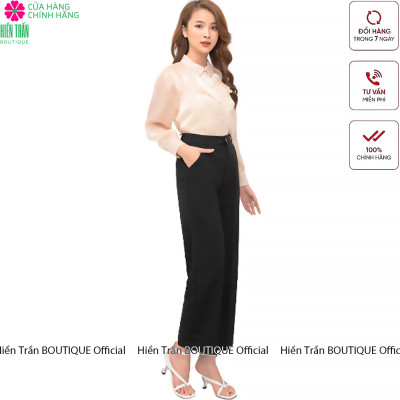 Quần ống rộng Hiền Trần BOUTIQUE lưng cạp cao baggy vải nữ dài suông loe culottes xuông màu đen