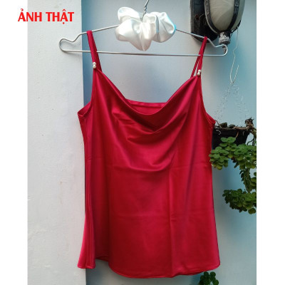 Áo 2 dây cổ đổ thiết kế đính ngọc trai xinh xắn, Áo nữ lụa satin cao cấp, thoáng mát - New Design AO0015