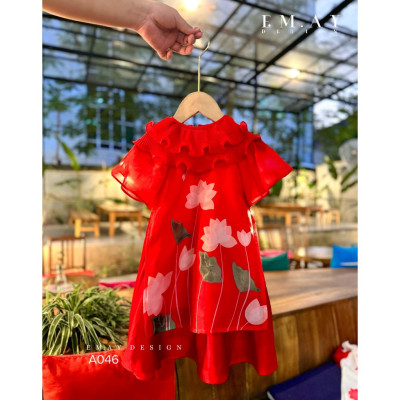 Áo dài tết cho bé gái mẫu Hoa sen tay phồng xinh xắn từ 12-40kg hàng thiết kế cao cấp