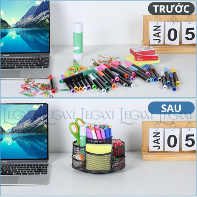 Khay đựng bút XOAY 360 ĐỘ, khay bút 7 NGĂN  để bàn kim loại Văn Phòng, Đựng Mỹ phẩm, Điều Khiển TV