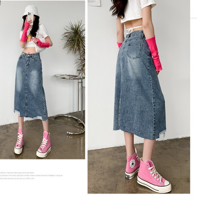 [CAO CẤP] Chân váy jean qua gối rách lai C065 dáng suông wax xanh xám không co dãn C065