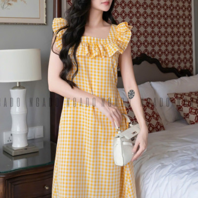 Đầm caro vàng phối cổ nhún NGADO , đầm caro , đầm kẻ ,  đầm dạo phố