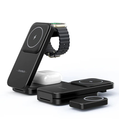 Đế sạc Choetech T611 Mag-safe 3 in 1 xếp gọn 15W dùng sạc cho điện thoại, tai nghe và Ap-ple watch (hàng chính hãng)