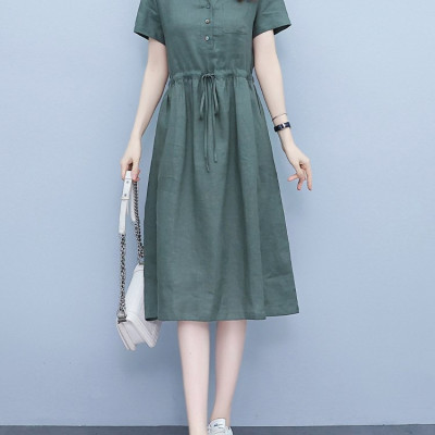 Đầm linen Nữ thiết kế cổ V Trẻ trung Kèm Dây Rút eo