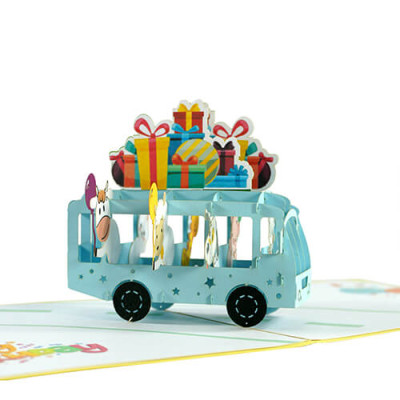 Thiệp 3D Pop Up Xe Buýt Chở Quà Sinh Nhật – Thiệp Chúc Mừng Sinh Nhật Ngộ Nghĩnh, Dễ Thương, B20