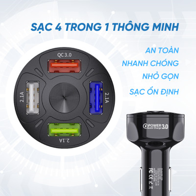 Tẩu Sạc Nhanh Thông Minh Quick Charge 3.0 | Tẩu Sạc Nhanh Thông Minh 4 Cổng USB Công Nghệ Sạc Nhanh Quick Charge 3.0, Tương Thích Nhiều Thiết Bị, Ổn Định Dòng Sạc