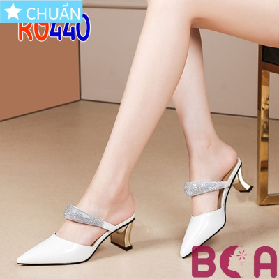 Giày cao gót nữ màu trắng 5p RO440 ROSATA tại BCASHOP quai ngang gắn hạt kim cương nhỏ, gót kiểu guốc sành điệu