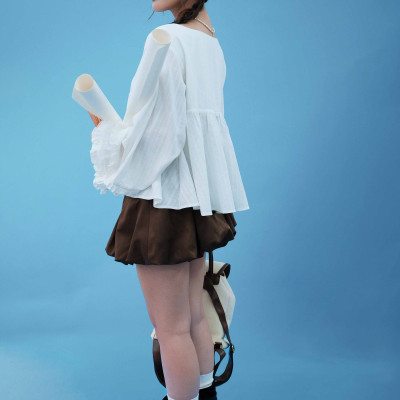 DOTTIE - Áo tay phồng phối bèo - Trắng kem - T1124