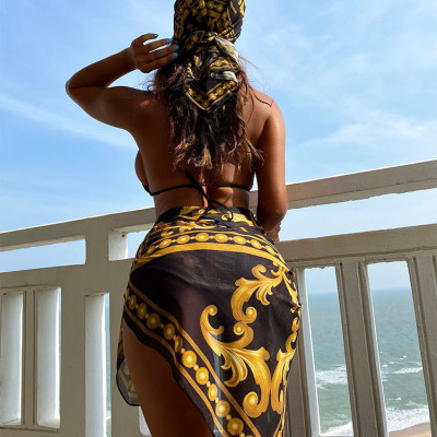 Set Bikini xốp 3 món áo óng tay phồng quần tam giác kèm khăn quấn