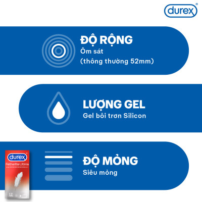 Bộ bao cao su Durex Fetherlite Ultima siêu mỏng, size 52 mm, 1 hộp 12 bao và 1 hộp 3 bao