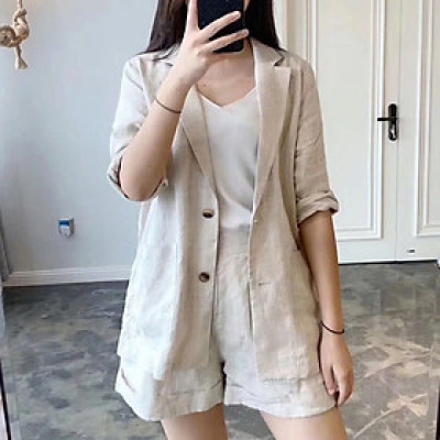 Set bộ nữ gồm áo blazer và quần short thanh lịch, trẻ trung, chất Linen cao cấp Đũi Việt