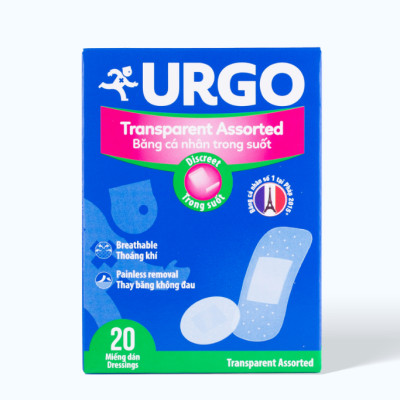 Băng cá nhân trong suốt URGO Transparent Assorted bảo vệ vết thương nhỏ 4 size (Hộp 20 miếng)