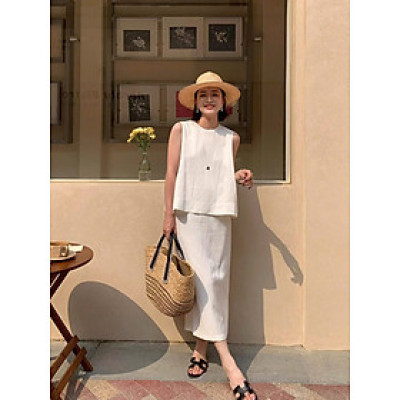 Bộ váy nữ chất linen gồm 1 áo ba lỗ, 1 chân váy suông dáng dài, phong cách Hàn Quốc nhẹ nhàng Bv12